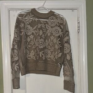 Floral Embroidered Sheer Women Sweater - Brown